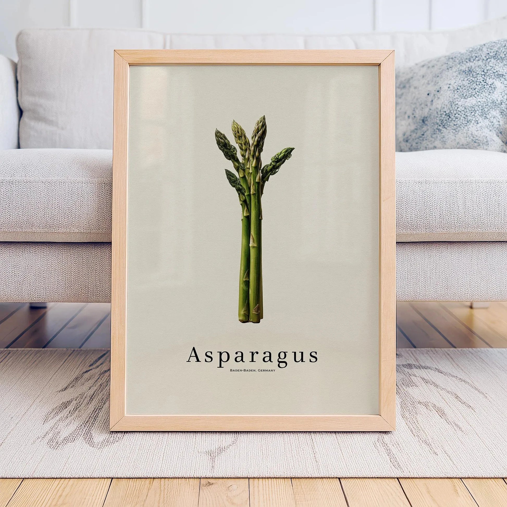 Framed print of asparagus on a neutral background