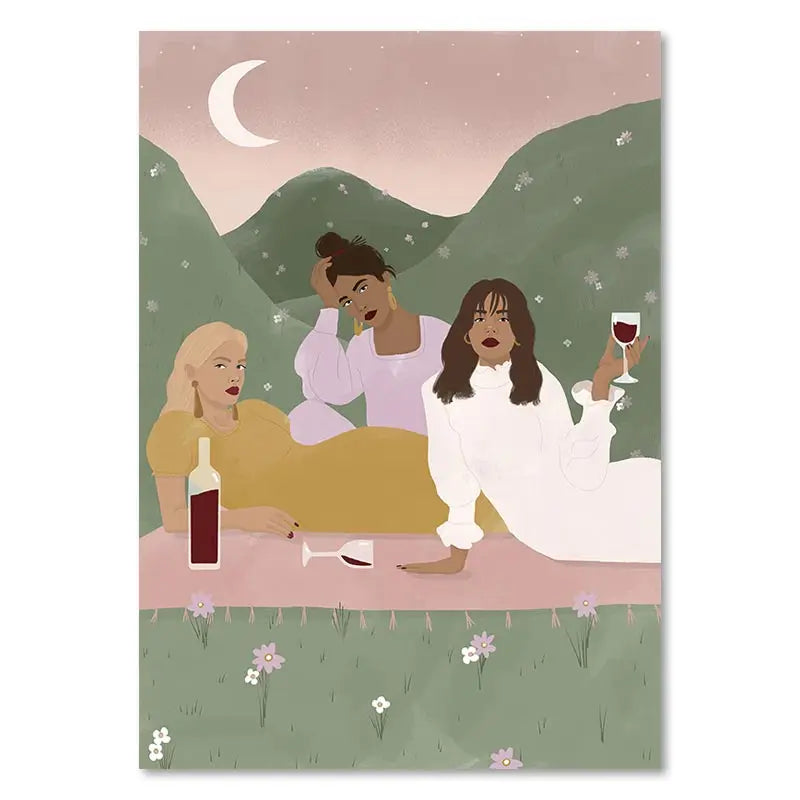 Illustration of three women sitting at a table in a mountainous landscape with wine bottles and glasses.