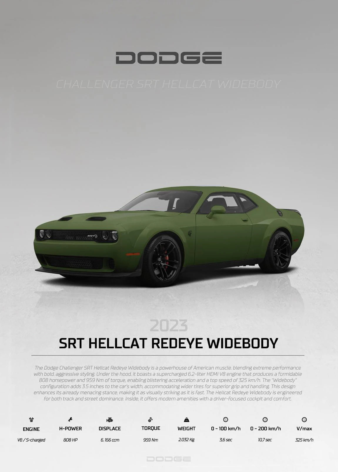 Green Dodge SRT Hellcat Redeye Widebody on a gray background