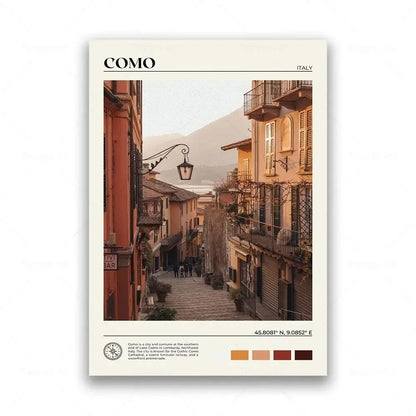 Poster of a street scene in Como, Italy with mountain view.