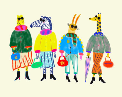 Colorful illustration of four animal characters in human-like clothing on a beige background