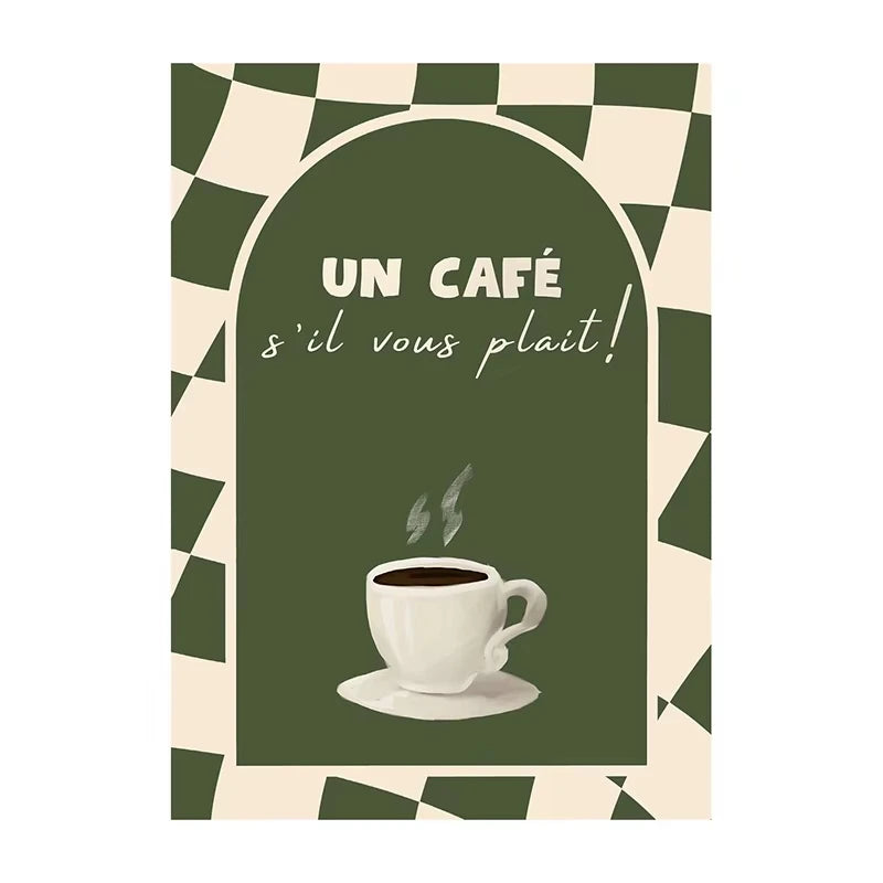 Poster with a coffee cup illustration and text 'Un Café s'il vous plait!' on a green and beige checkered background.
