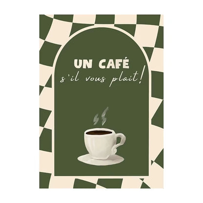 Poster with a coffee cup illustration and text 'Un Café s'il vous plait!' on a green and beige checkered background.