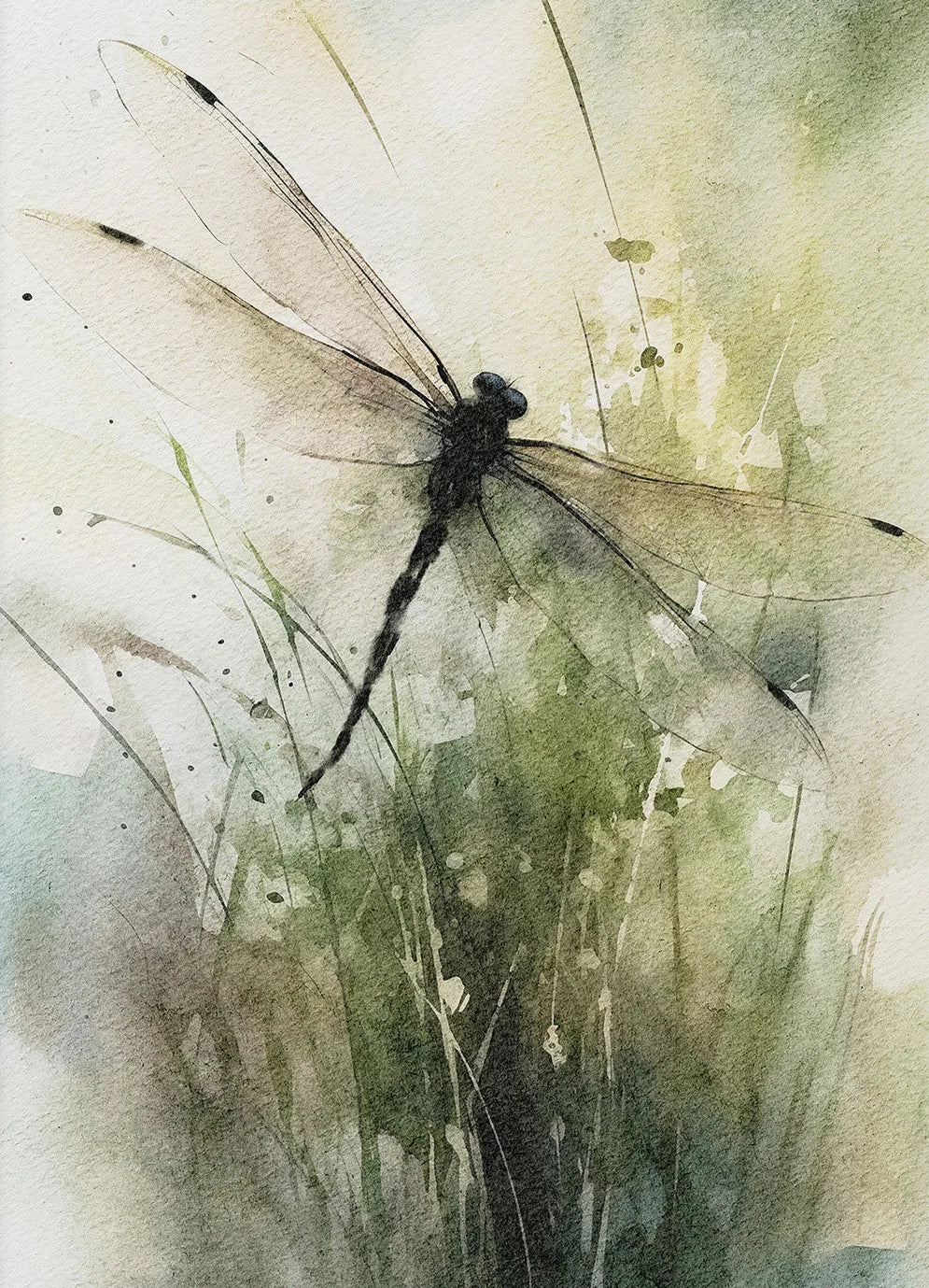 Artistic depiction of a dragonfly on a textured green background