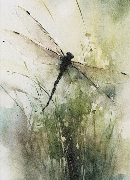 Artistic depiction of a dragonfly on a textured green background