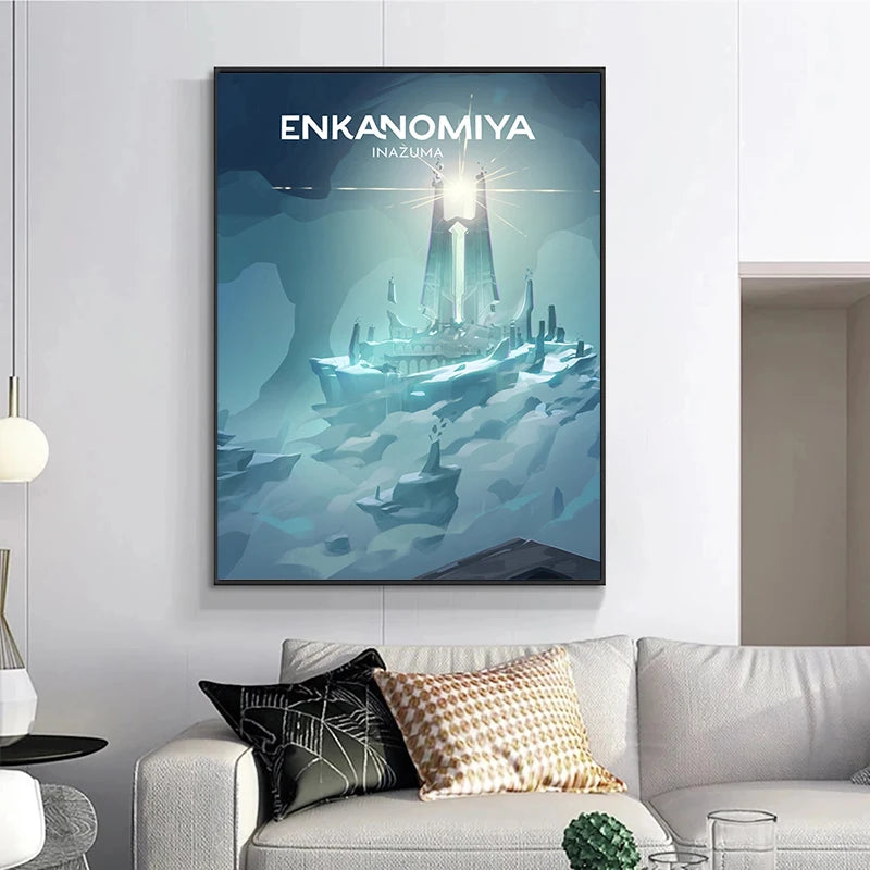 Framed artwork of a lighthouse with 'Enkanomiya' text in a modern living room.