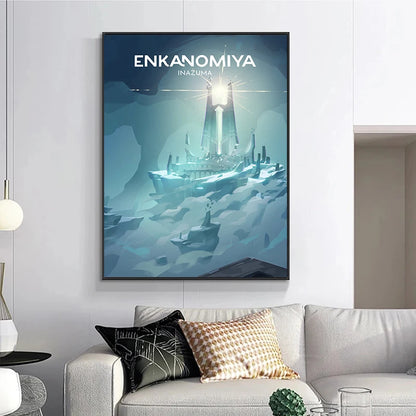 Framed artwork of a lighthouse with 'Enkanomiya' text in a modern living room.