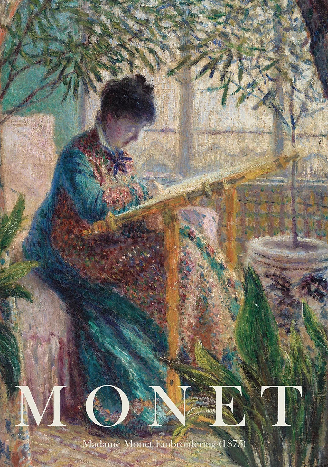 Painting of a woman sitting on a balcony with the word 'Monet' at the bottom.