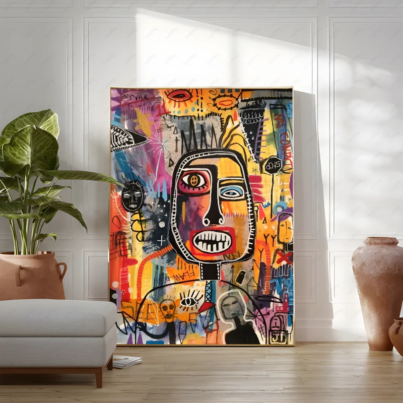 Colorful abstract art piece on a wall in a room with a plant and vase.