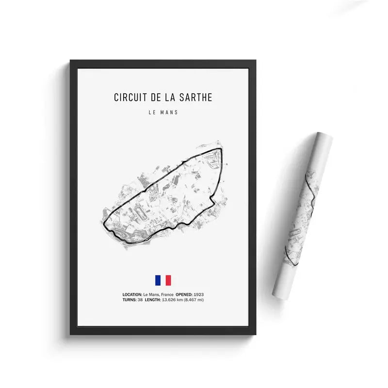 Framed map poster of Circuit de la Sarthe with a pen on a white background
