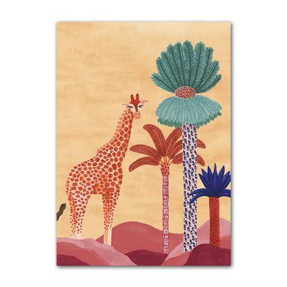 Illustration of a giraffe and palm trees on a beige background