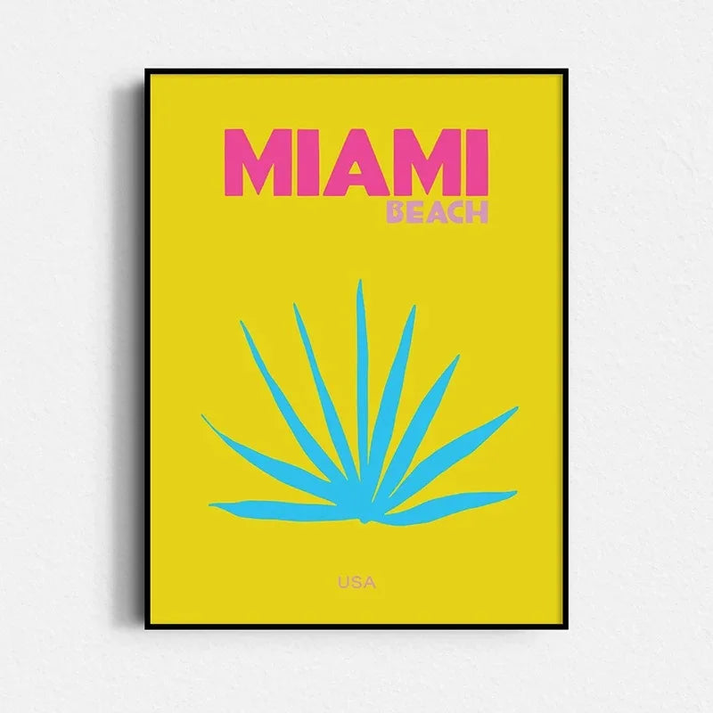 Poster with 'MIAMI BEACH USA' text and blue agave plant on a yellow background