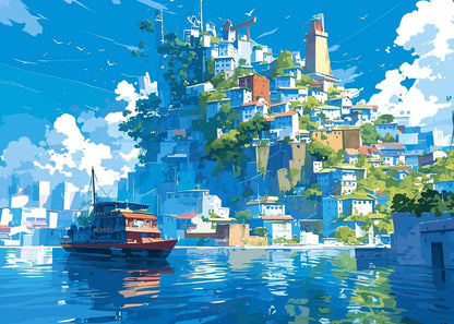 Illustration of a coastal town with a boat on the water