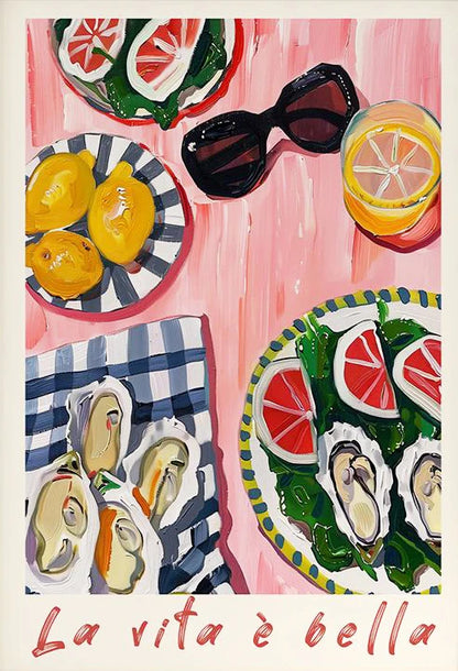 Illustration of oysters, lemons, sunglasses, and watermelon on a pink background with 'La vita è bella' text.