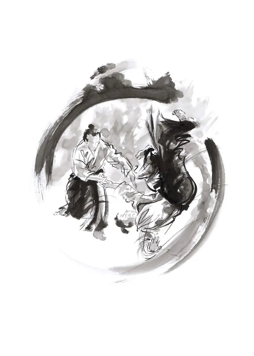 Traditional ink painting of a horse and rider in a circular composition on a white background