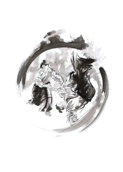Traditional ink painting of a horse and rider in a circular composition on a white background