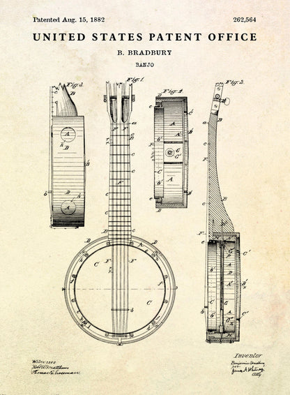 Patent illustration of a banjo from the United States Patent Office