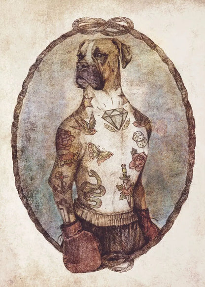 Illustration of a dog with tattoos and boxing gloves in an oval frame