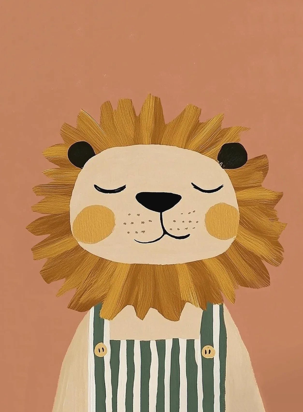 Illustration of a lion wearing overalls on a brown background