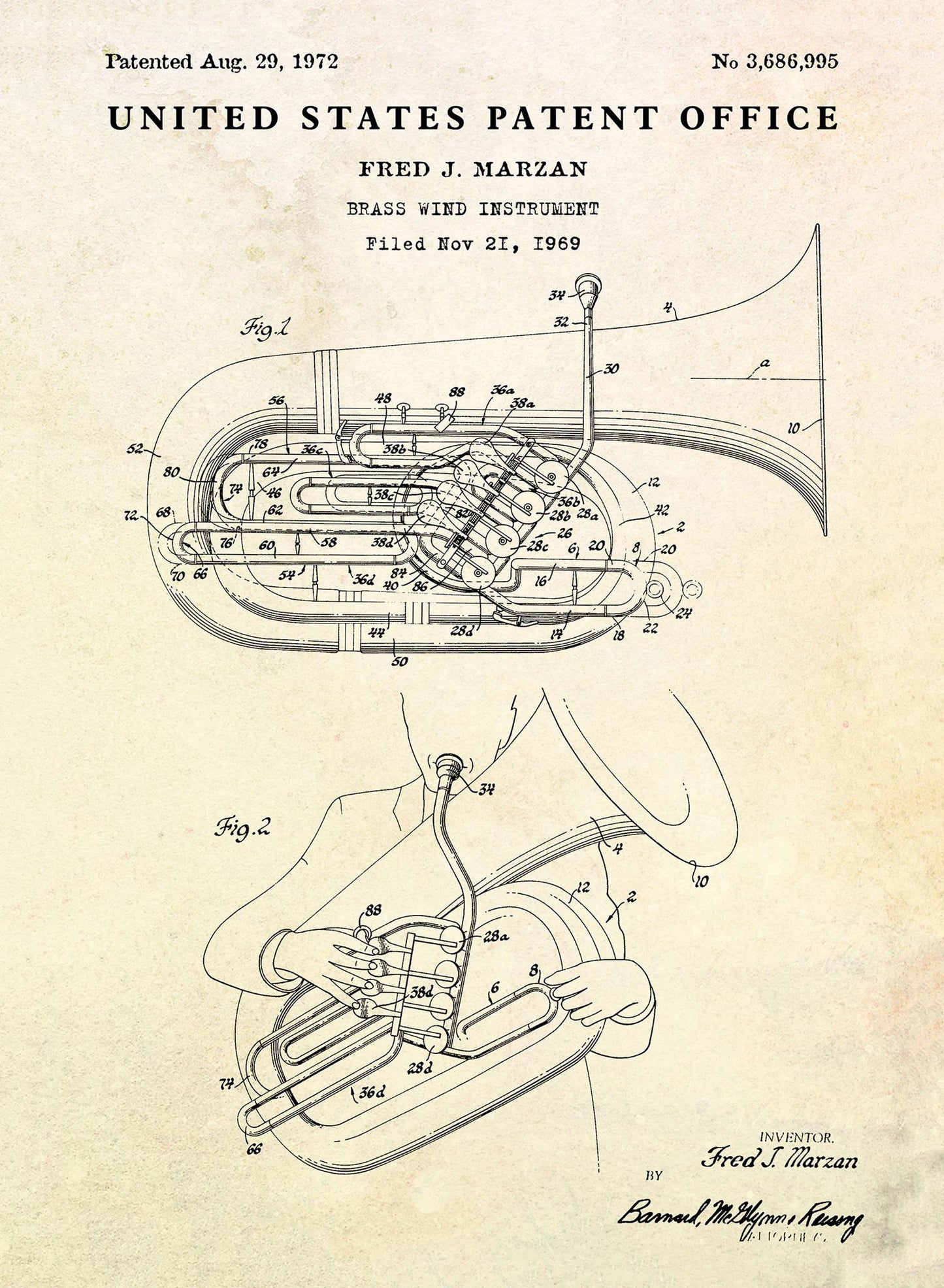 Patent illustration of a brass wind instrument by Fred J. Marzan, United States Patent Office.