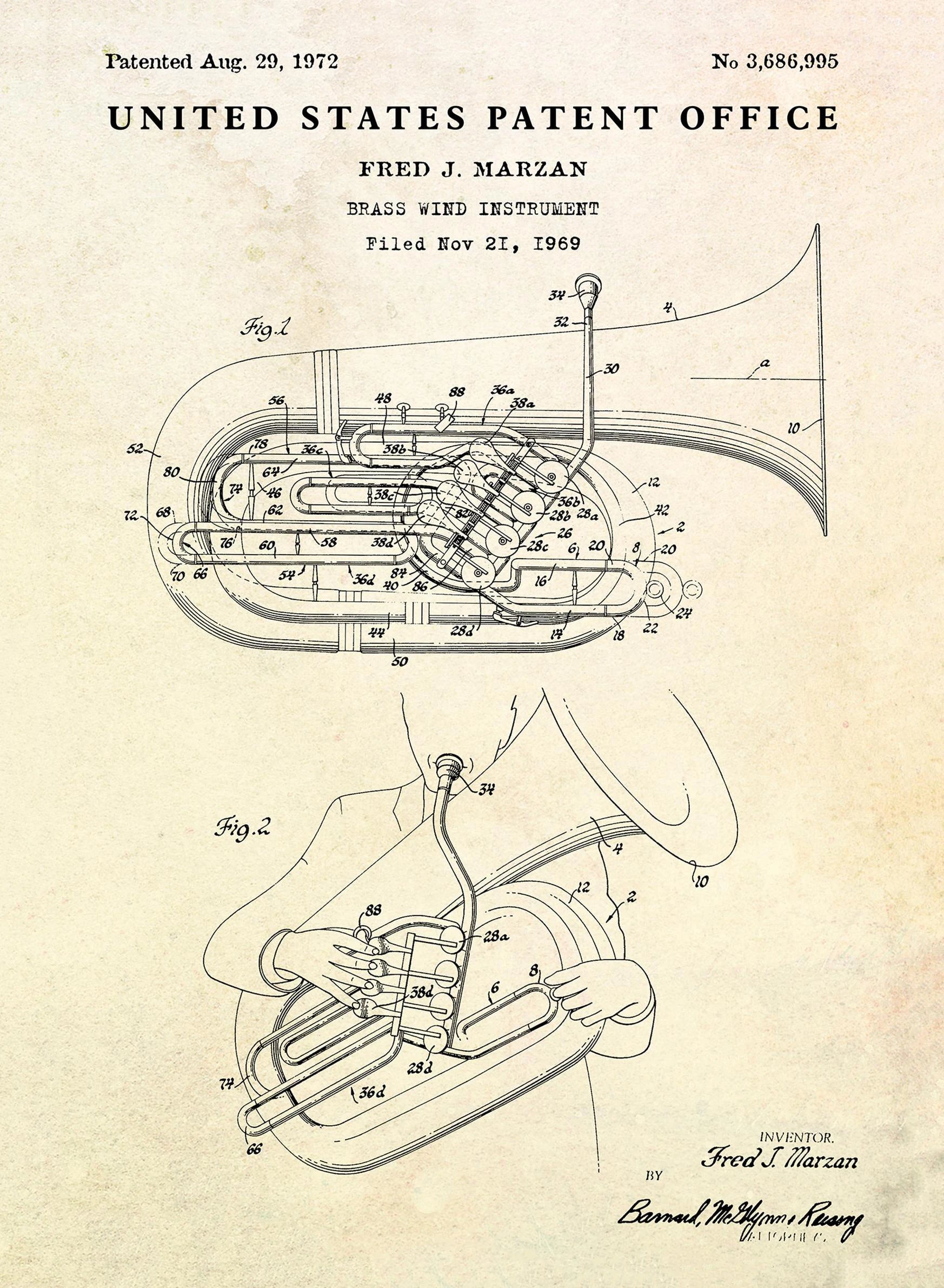 Patent illustration of a brass wind instrument by Fred J. Marzan, United States Patent Office.