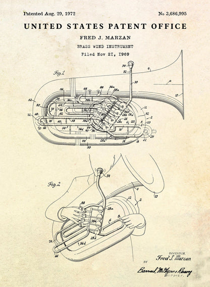 Patent illustration of a brass wind instrument by Fred J. Marzan, United States Patent Office.