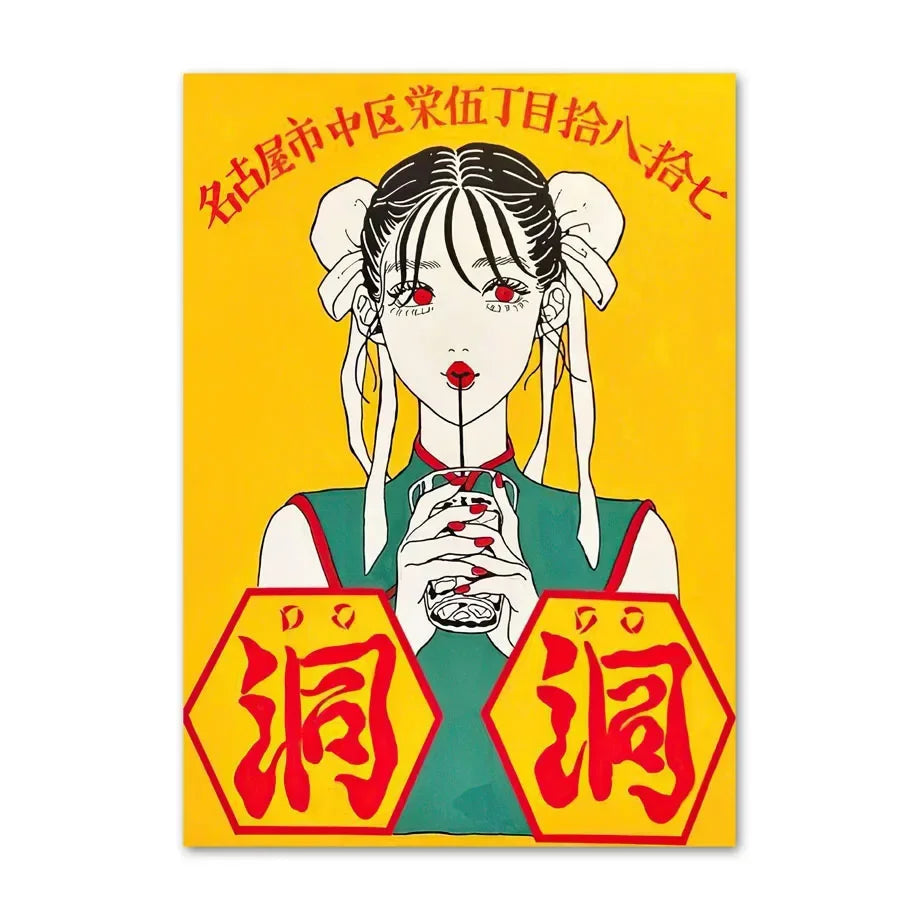 Illustration of a character with a yellow background and red text