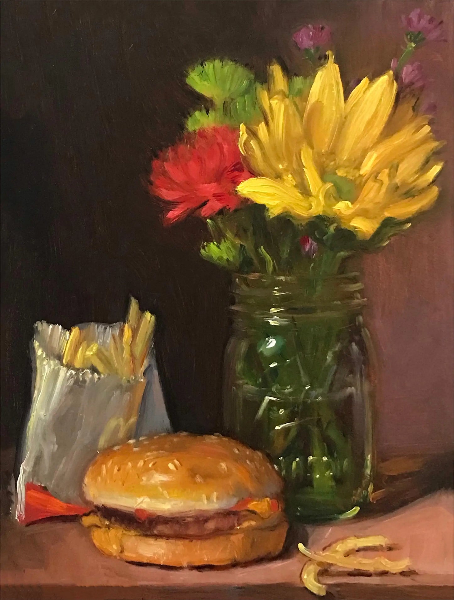 Still life painting of a hamburger, fries, and flowers in a glass jar.