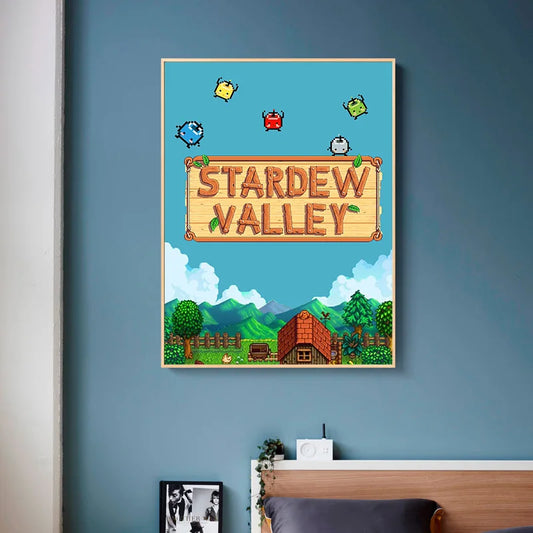 Framed 'Stardew Valley' poster on a blue wall above a bed. Canvas & Curio