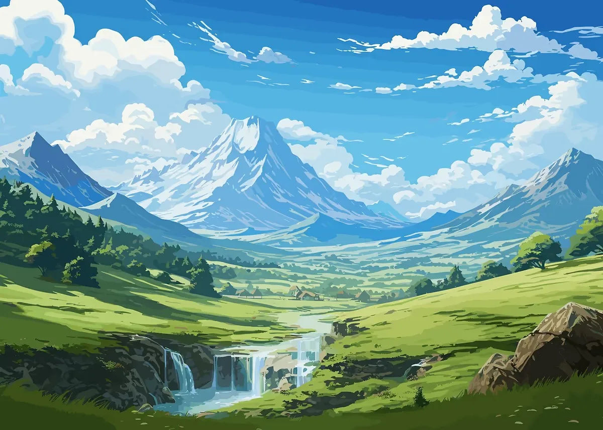 Scenic landscape with mountains, green fields, and a waterfall.