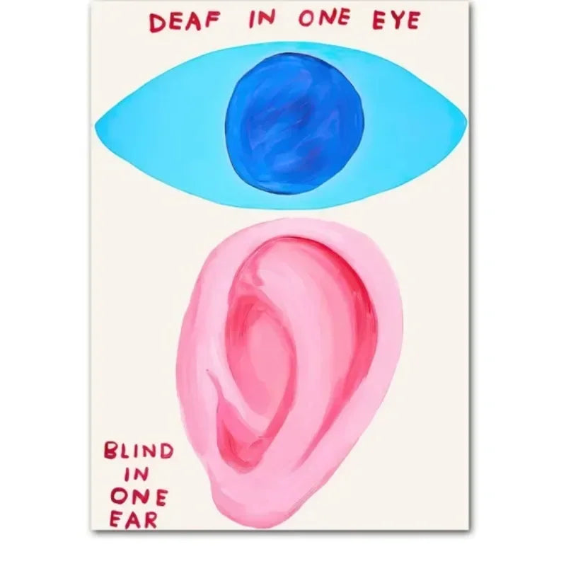 Illustration of a blue eye and pink ear with text on a white background