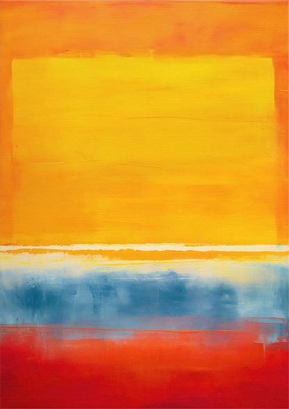 Abstract art with a large yellow rectangle on an orange background, transitioning to blue and red at the bottom.