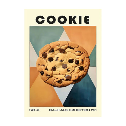 Poster of a chocolate chip cookie with geometric shapes and text on a yellow background