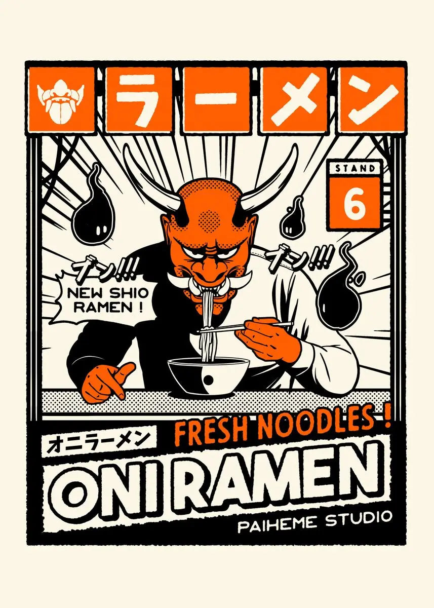 Oni Ramen advertisement with a demon character eating ramen, featuring the brand 'PAIHEME STUDIO'.