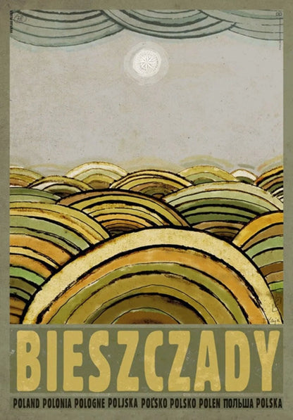 Artistic depiction of rolling hills with a stylized sun, featuring the text 'Bieszczady' and 'Poland Polonia Polska'.