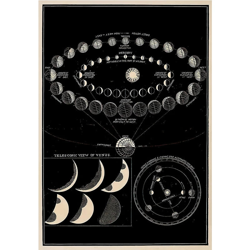 Astronomical diagram of Venus phases and solar system layout on a black background.
