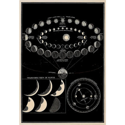 Astronomical diagram of Venus phases and solar system layout on a black background.