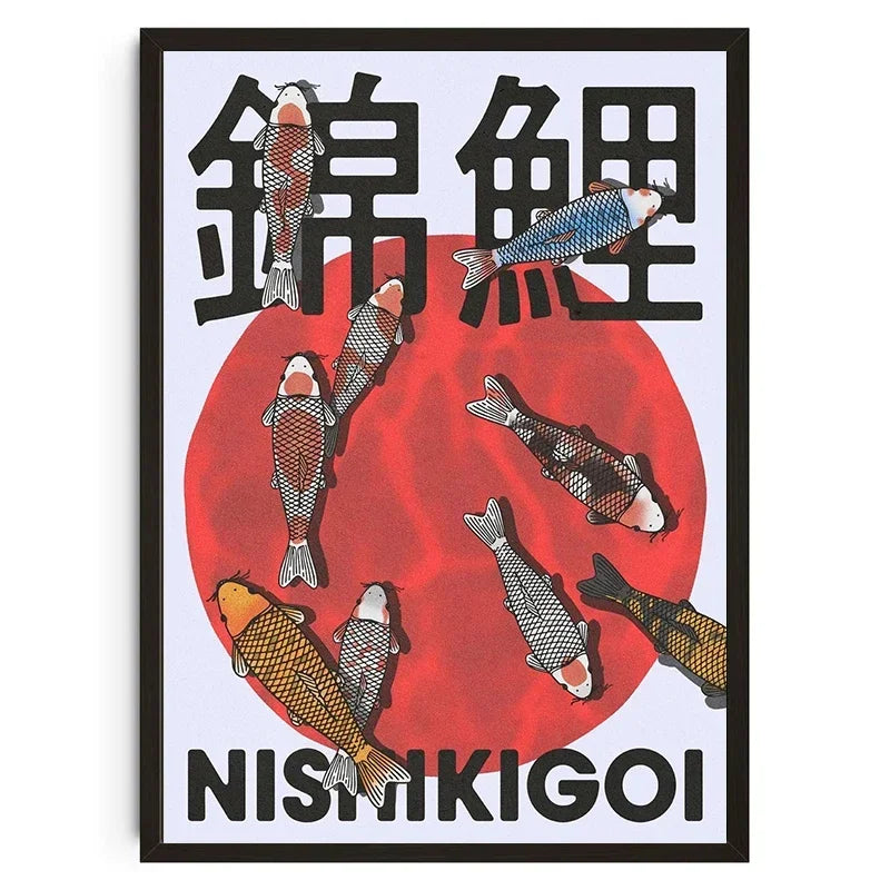 Poster with koi fish and Japanese text on a white background