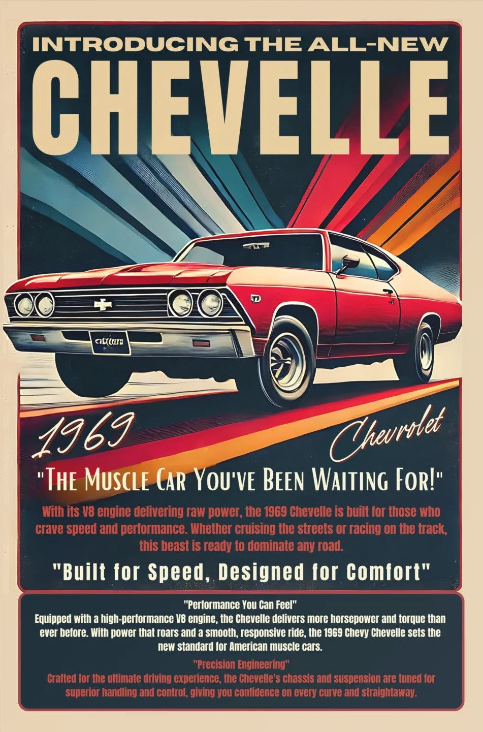 Vintage-style advertisement for the 1969 Chevrolet Chevelle, featuring a red car on a colorful background.