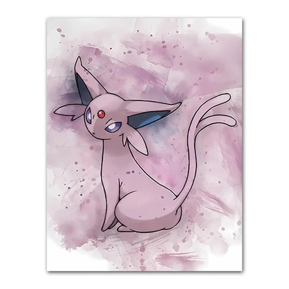 Illustration of a ghostly creature with large ears on a pink and purple watercolor background