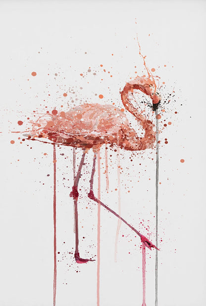 Artistic depiction of a flamingo with watercolor splashes on a light background
