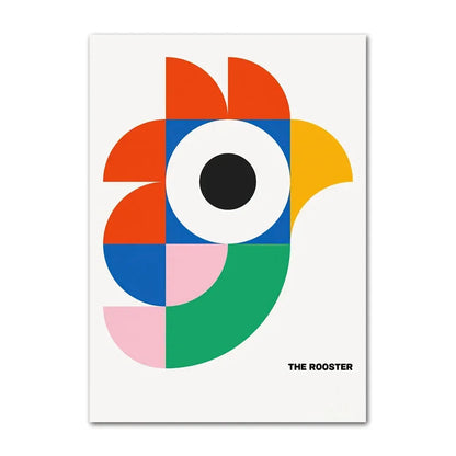 Colorful geometric design of a rooster on a white background with 'The Rooster' branding.