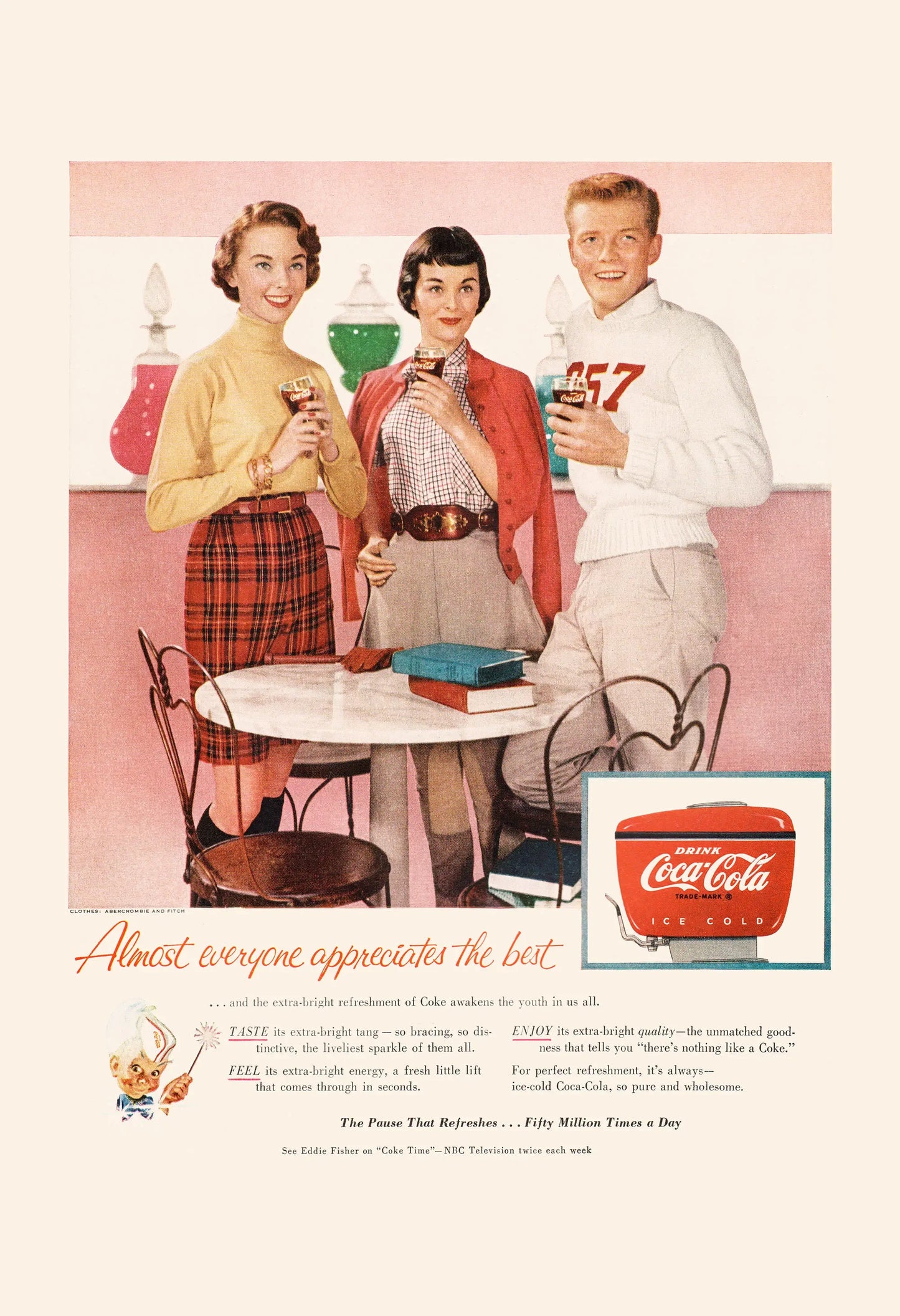 Vintage Coca-Cola advertisement featuring three people at a table with a small inset of the Coca-Cola logo.