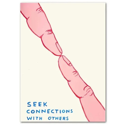 Illustration of two hands shaking with text 'Seek connections with others' on a beige background