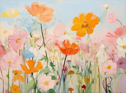 Colorful floral painting with orange, pink, and yellow flowers against a blue sky.