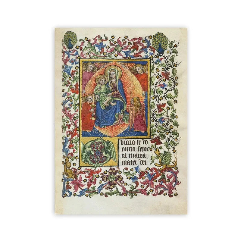 Decorative print with religious illustration and floral border on a white background