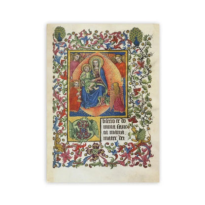 Decorative print with religious illustration and floral border on a white background