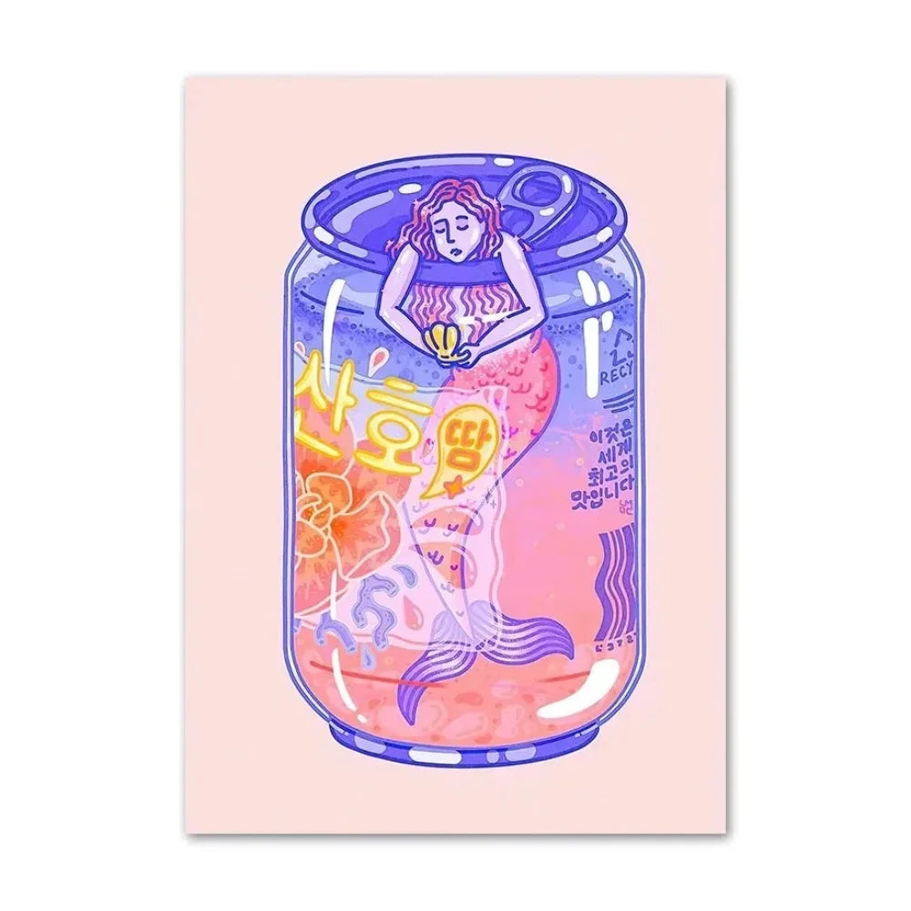 Illustration of a mermaid in a glass jar on a pink background
