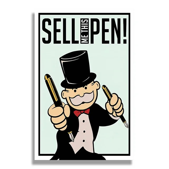 Cartoon character in a top hat holding two pens with 'SELL ME THIS PEN!' text above.