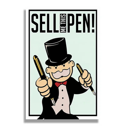 Cartoon character in a top hat holding two pens with 'SELL ME THIS PEN!' text above.